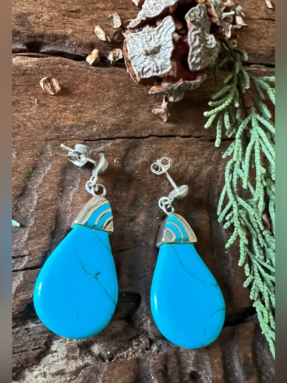 Navajo Sterling Blue Turquoise Earrings Teardrop Drop Punch In Large Beach 4.25c